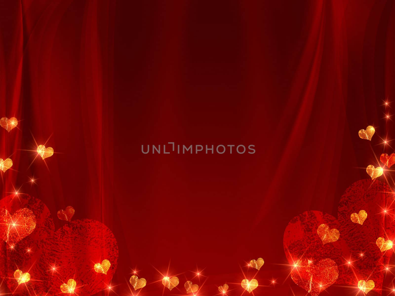 golden red hearts over red background like curtain