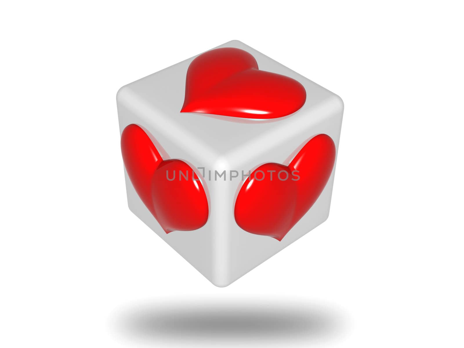 3d grey die with red hearts isolated