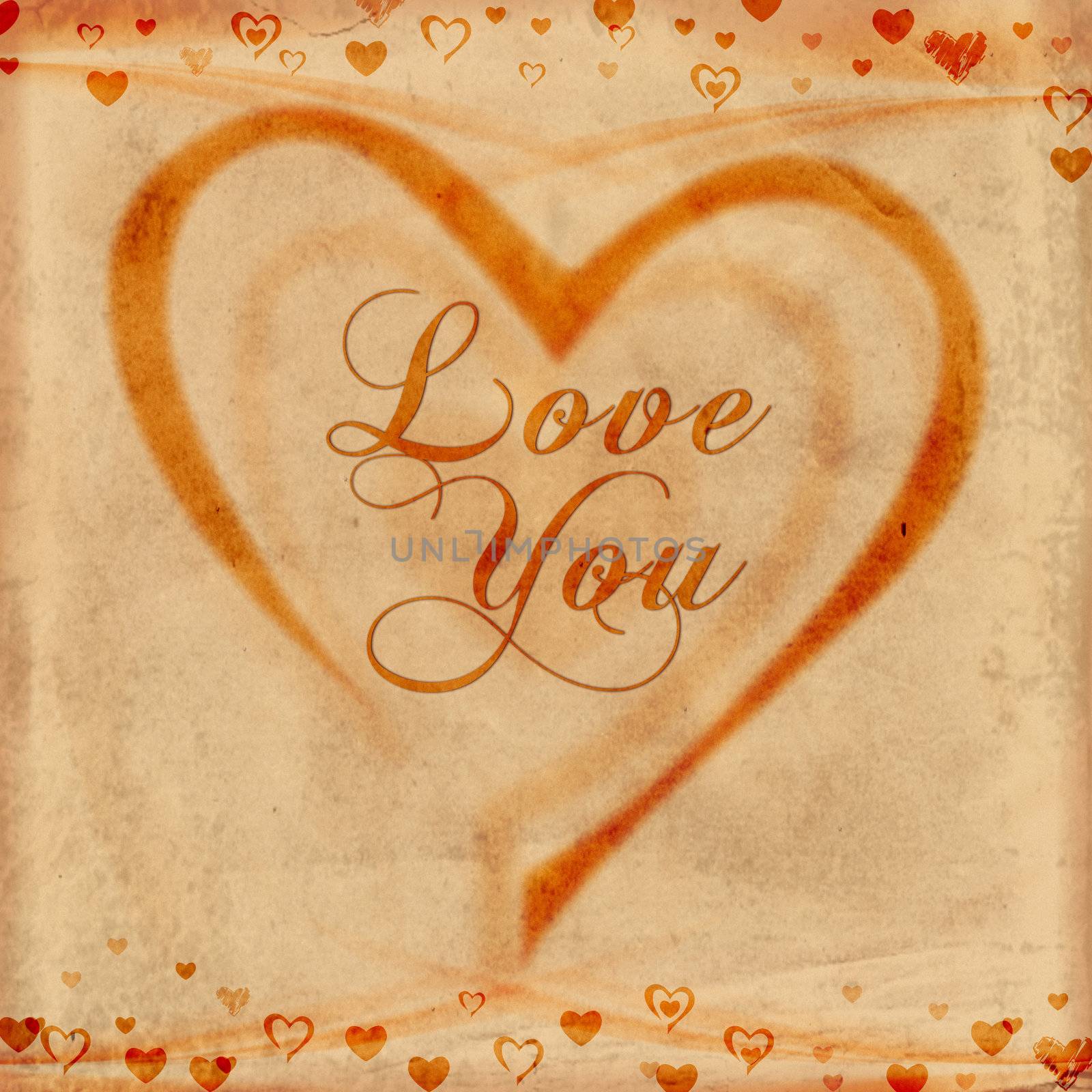 text love you with hearts on old paper