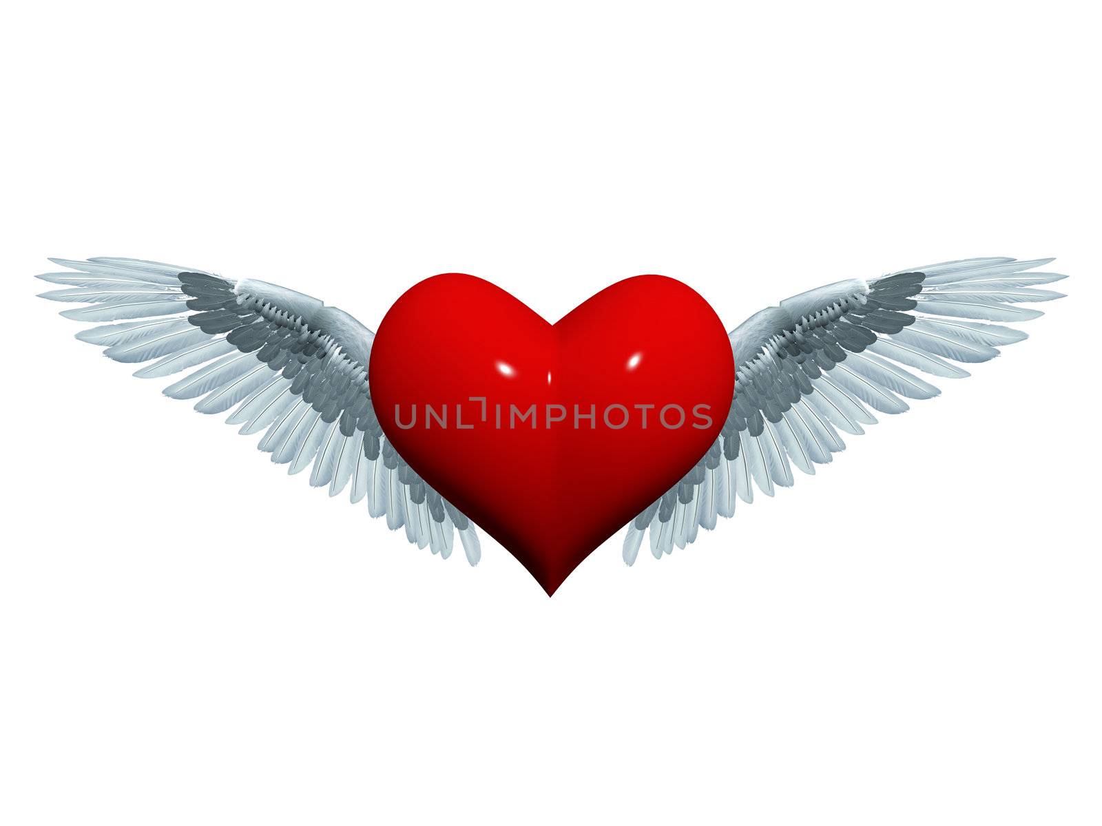 3d red heart with white-grey wings like angel