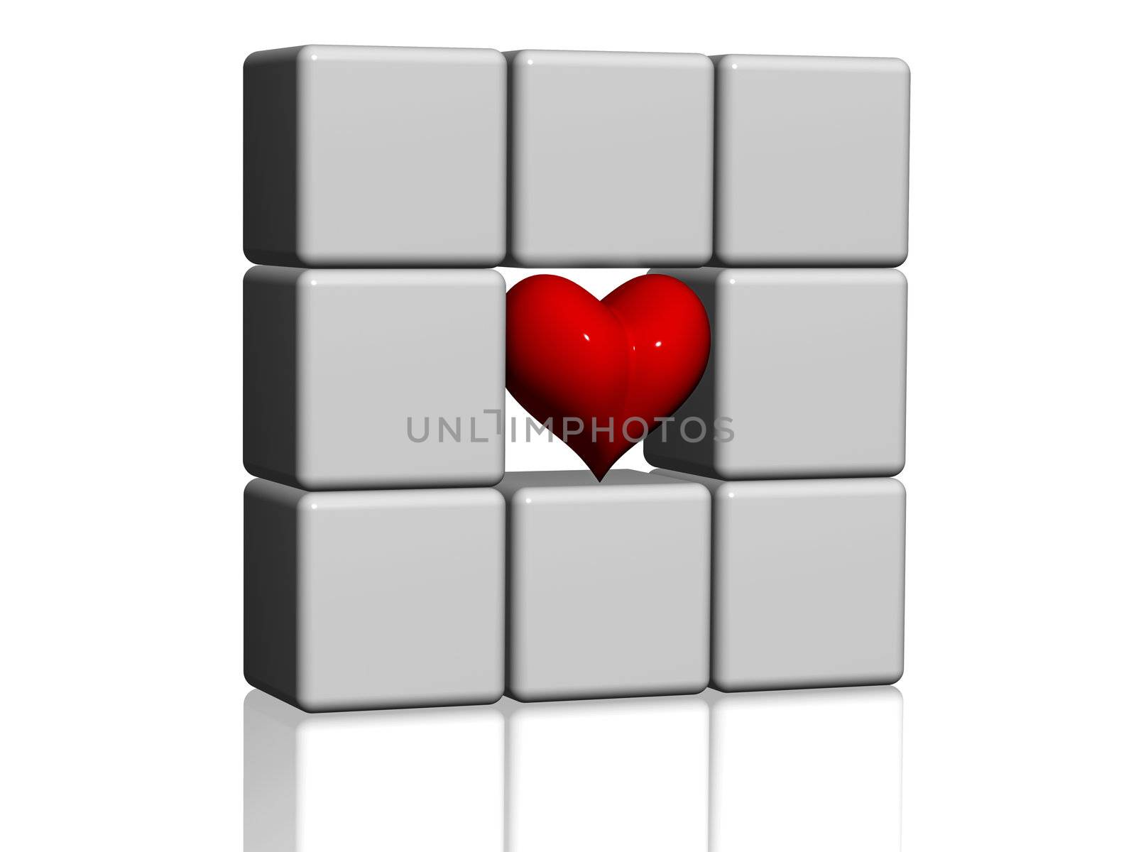 arranged 3d white-grey cubes with one red heart in the centre