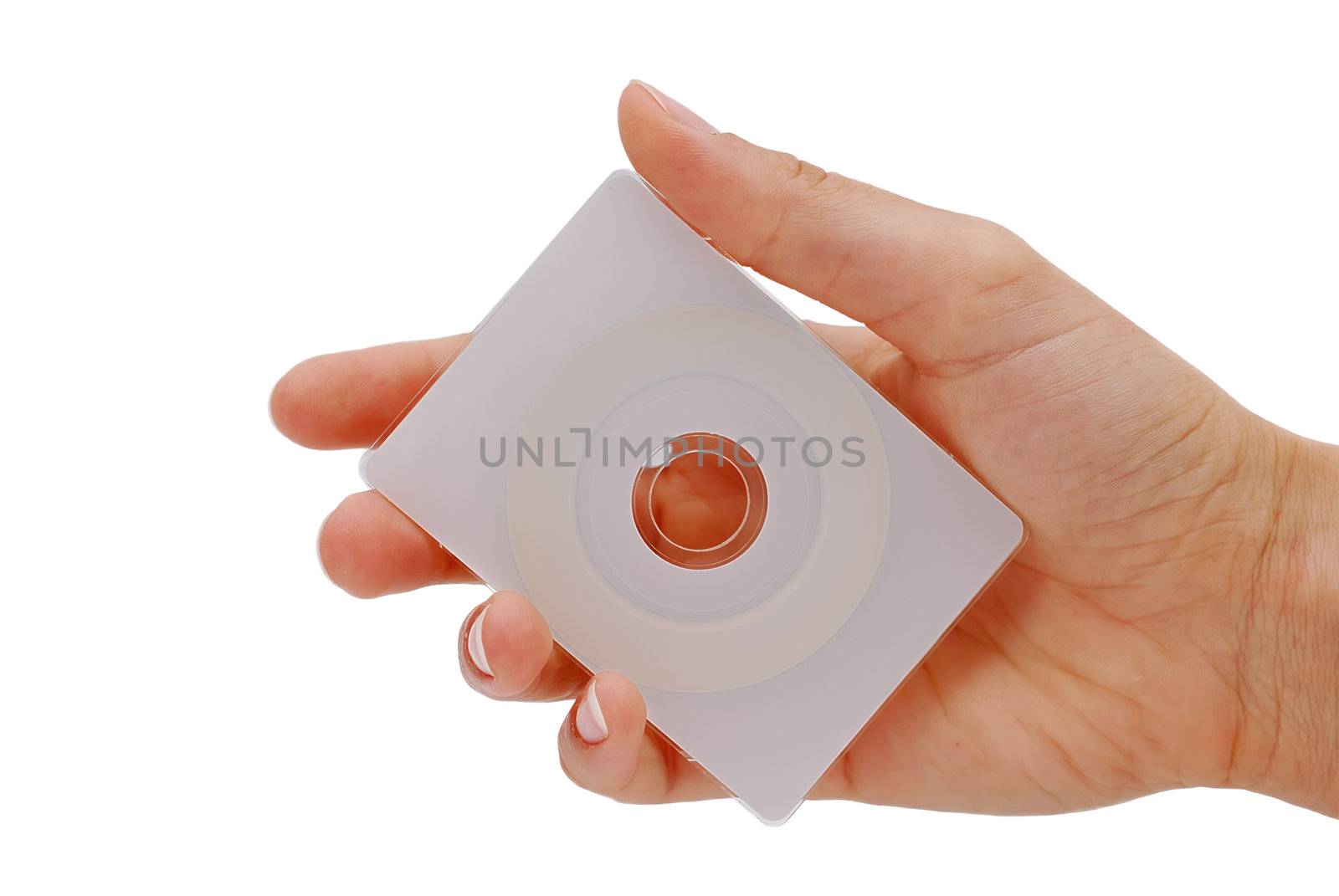 cd business card in his hand on a white background