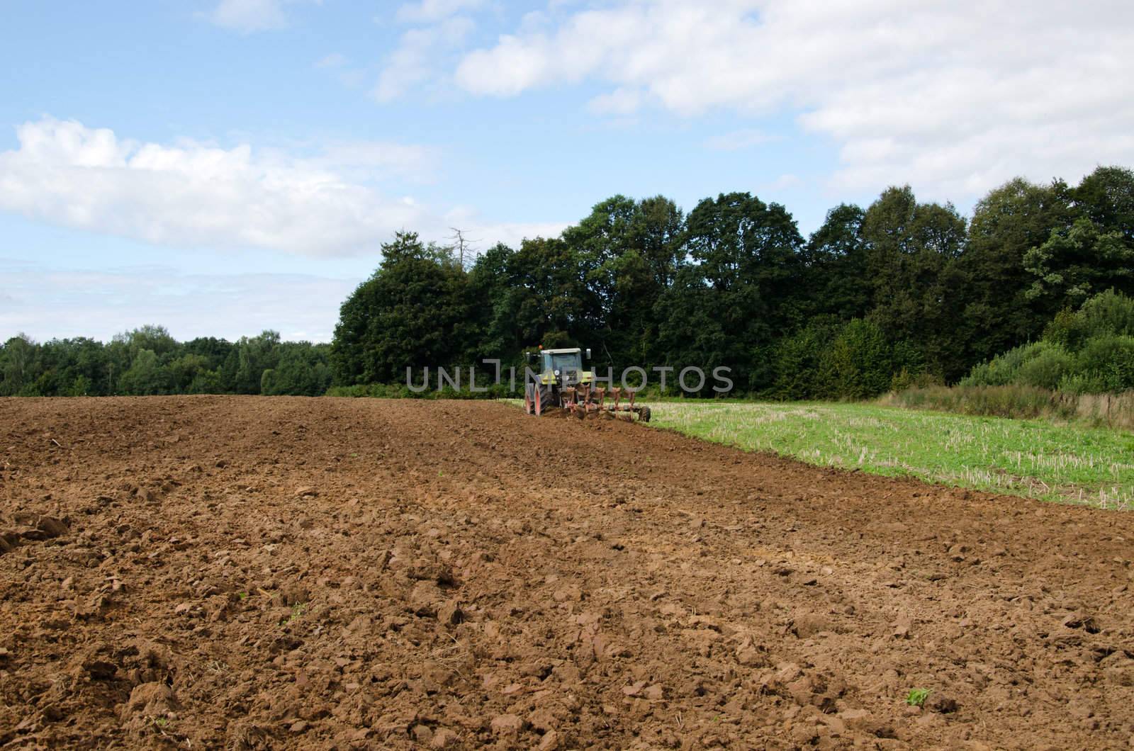 heavy machine tractor plowing agricultural field in end of summer near forest.