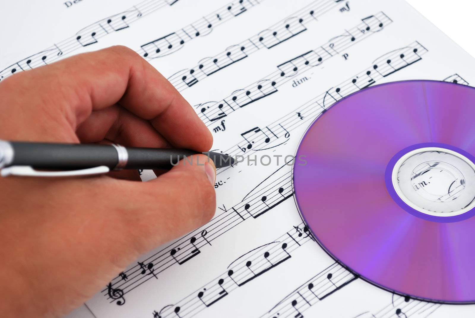 cd or dvd drive, musical notes and hand make notes