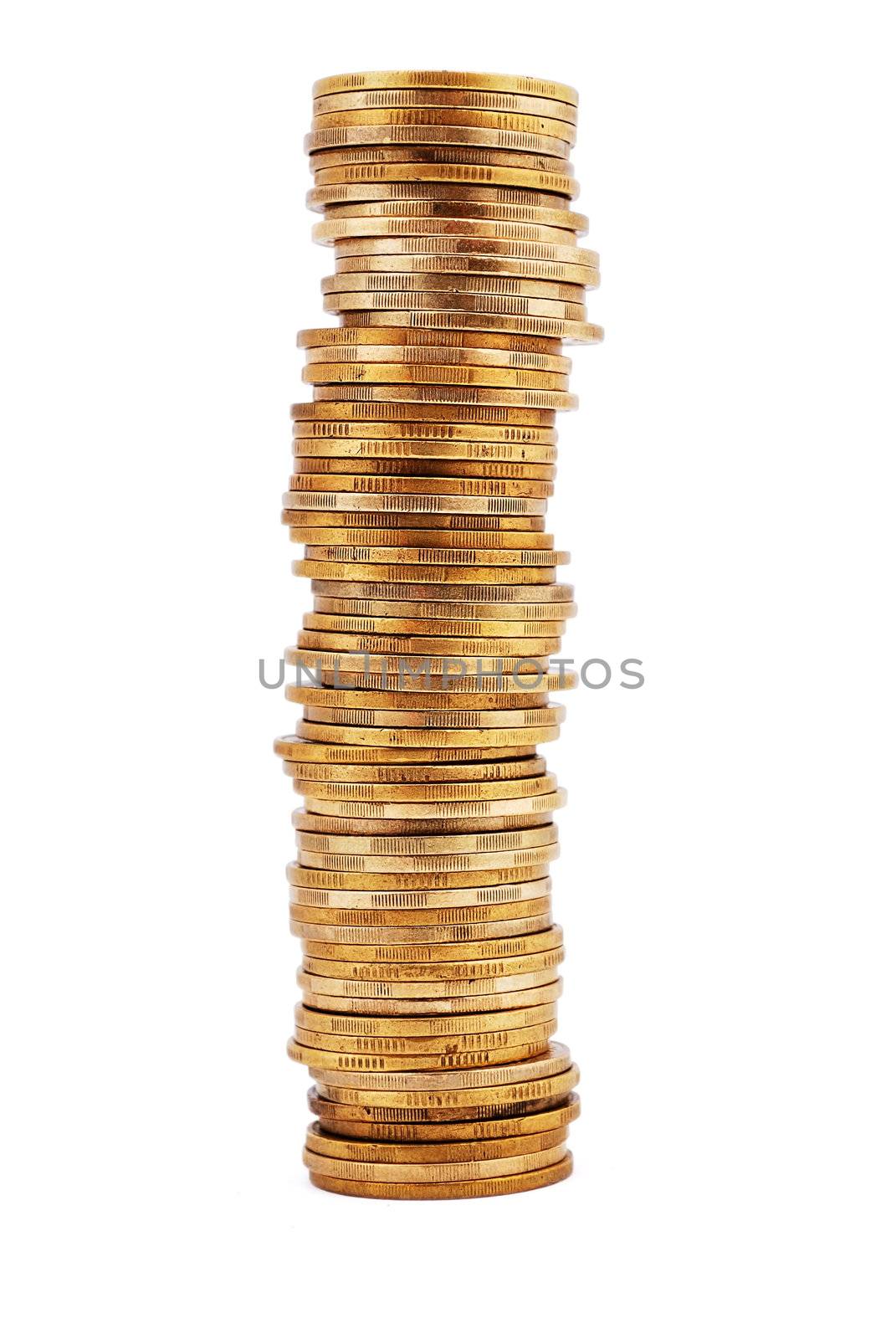 pile of gold coins on a white background