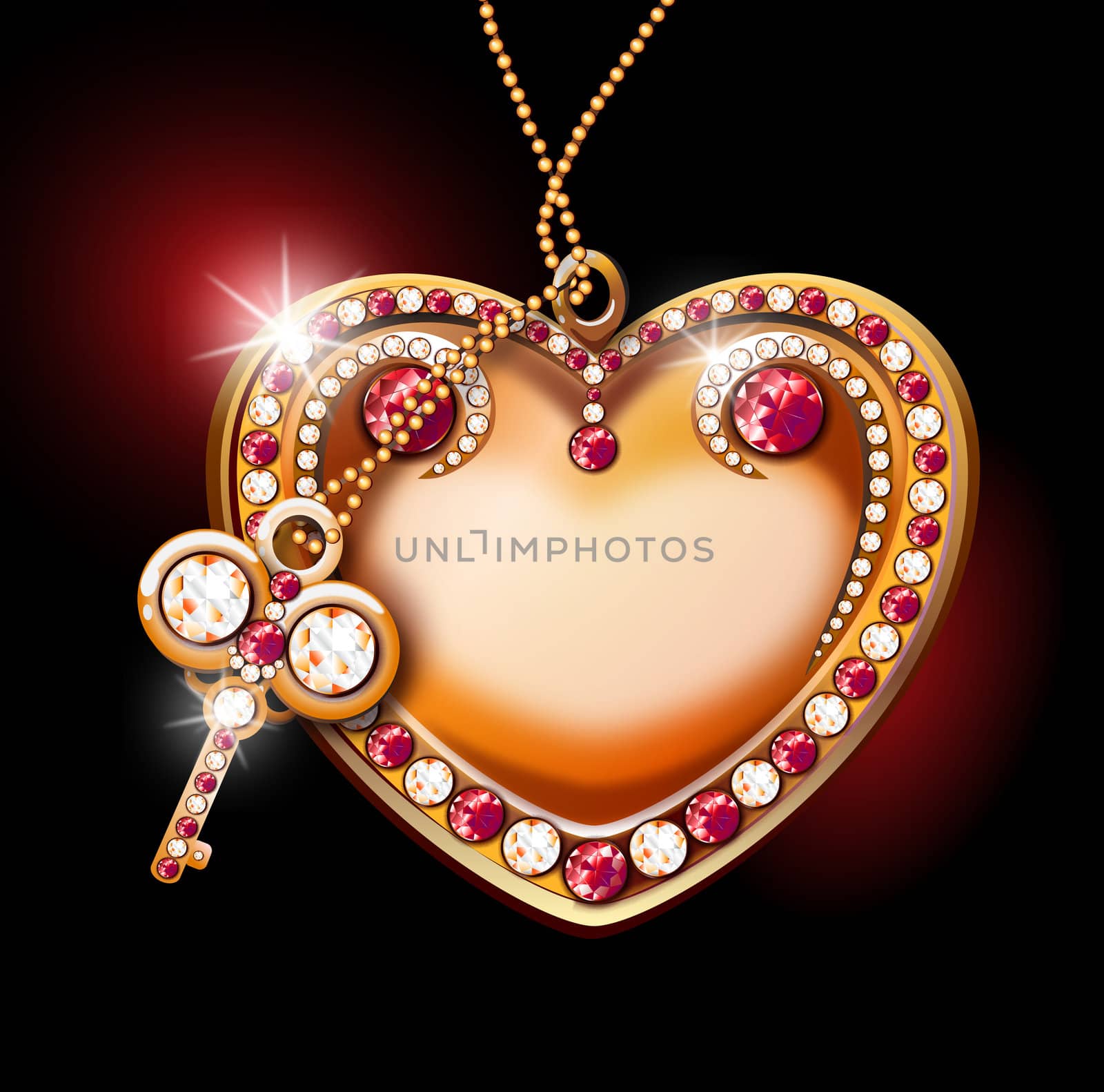 inlaid golden heart with shining diamonds and rubies with key on black background