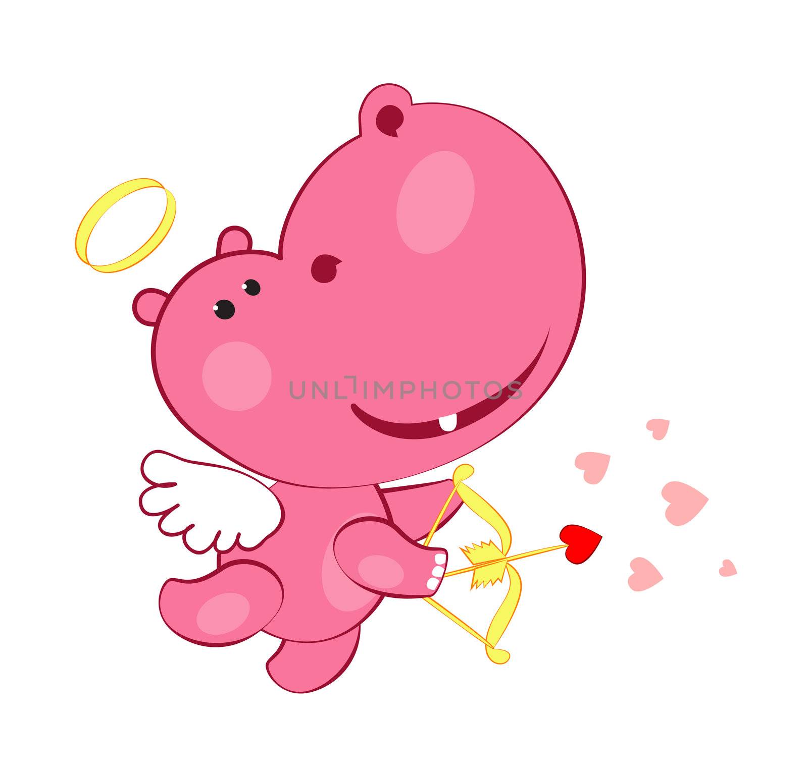 cupid hippopotamus with bow and arrows and hearts