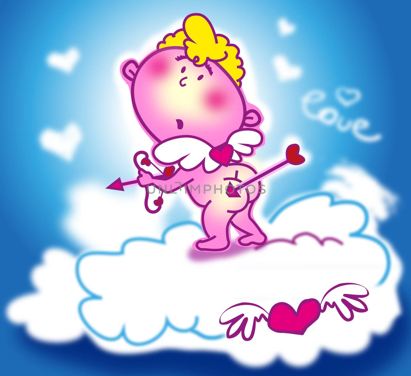 cupid with bow and arrows and hearts over clouds