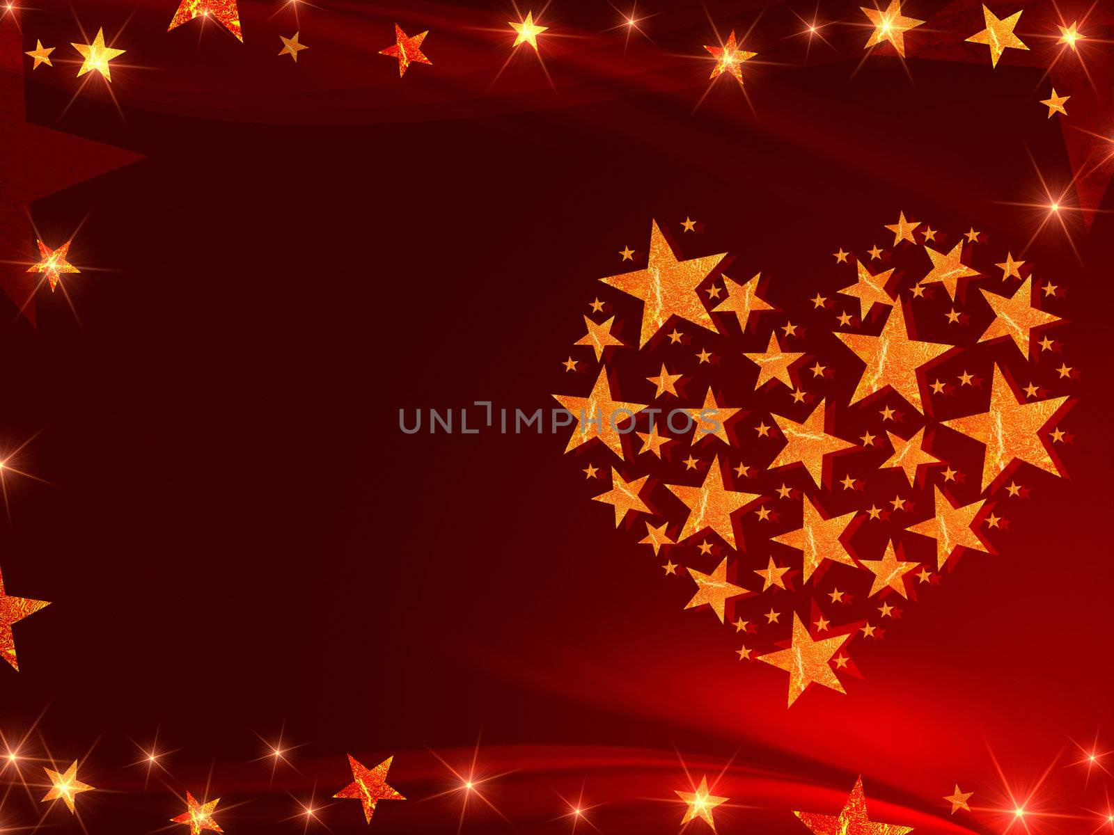 golden orange stars form heart over red background with lights