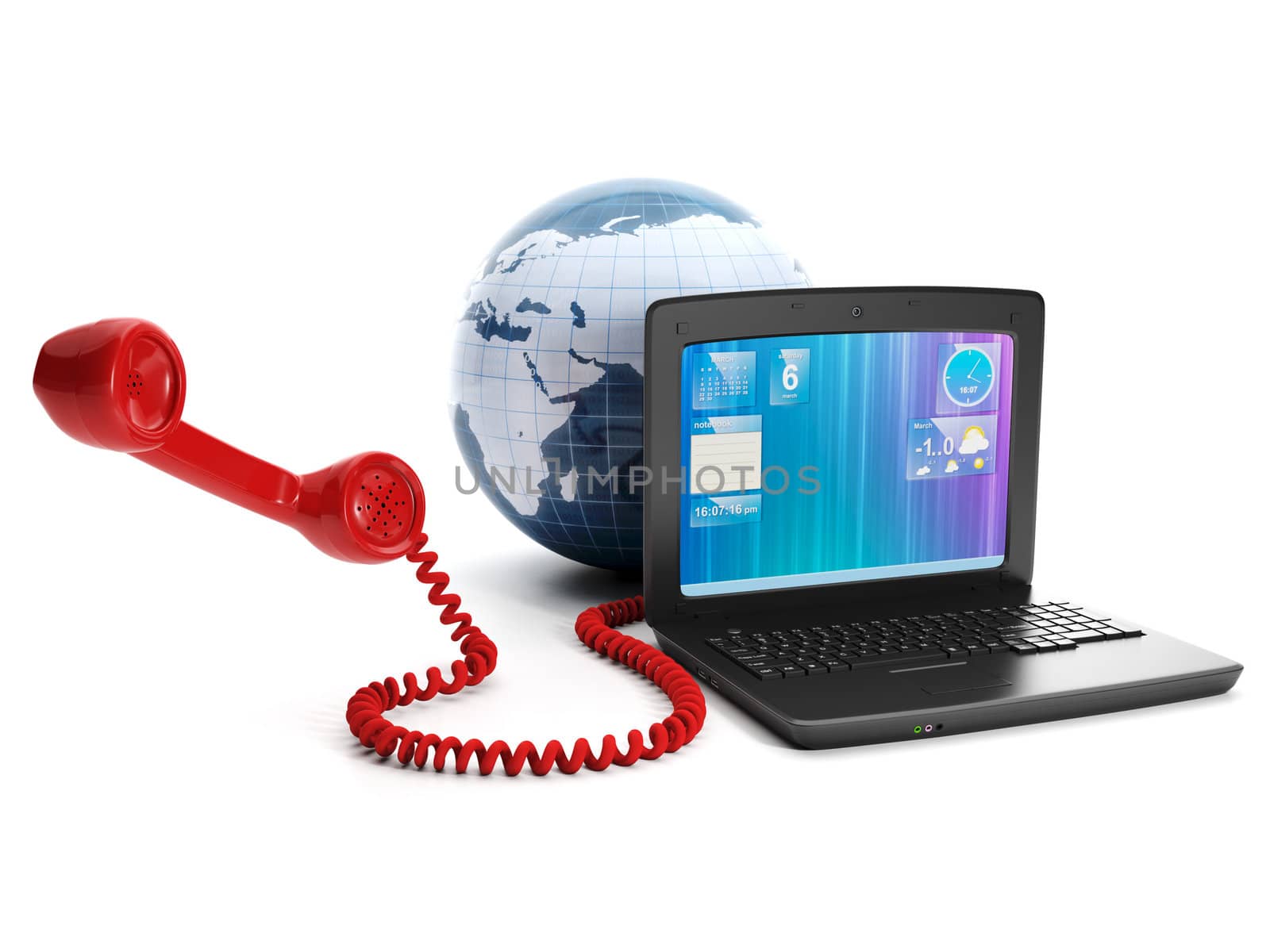 Calls via the internet to fall in love place on earth. Laptop land and the handset on a white background