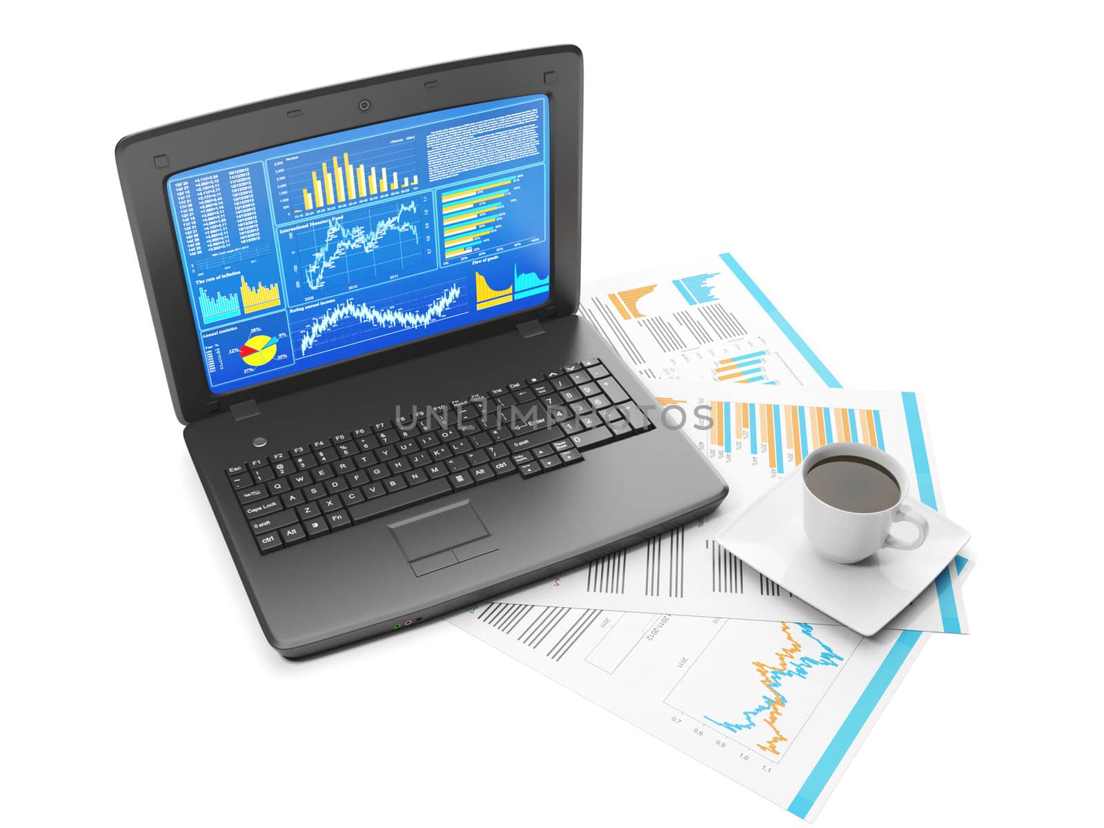 Laptop with business charts and group sheets with accounting