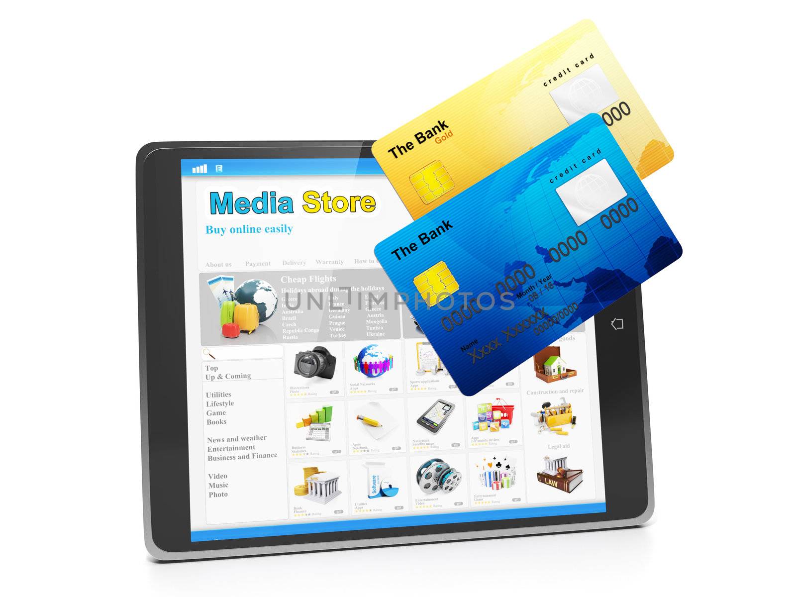 Tablet PC, payment for goods in the media store. Tablet computer and group of close-up of credit cards