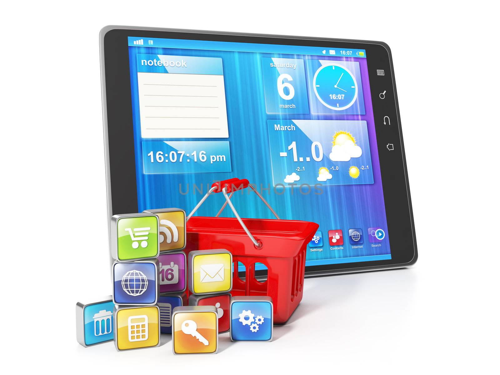 Purchase of mobile applications. Tablet PC with korzhinoy shopping and application group on a white background