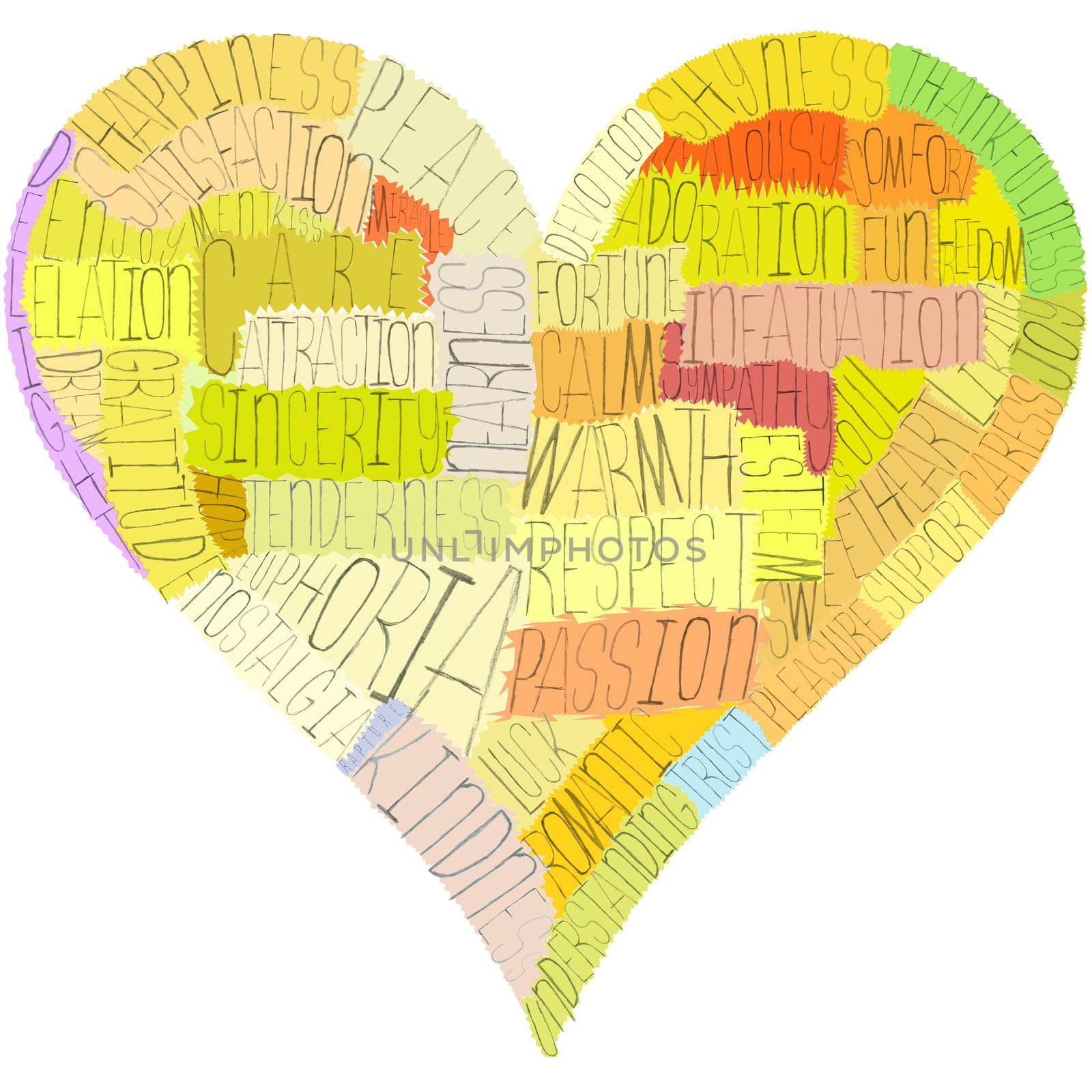 A Valentine's Day heart, composed from words about love, senses and psychology terms (such as passion, respect, nostalgia and a lot of others). Warm colors, hand-made letters and masks, great concept!