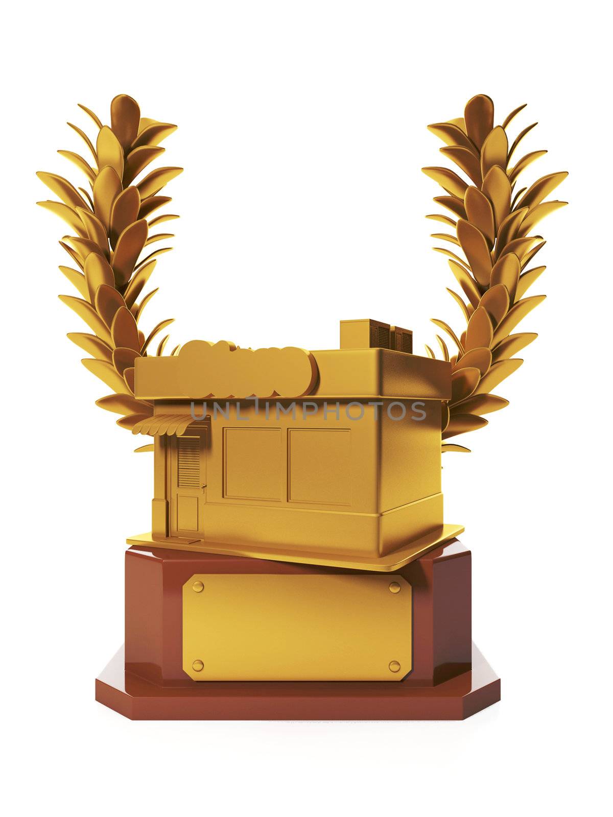 3d illustration: Prizes and awards. Award for the best shop, achievement and success