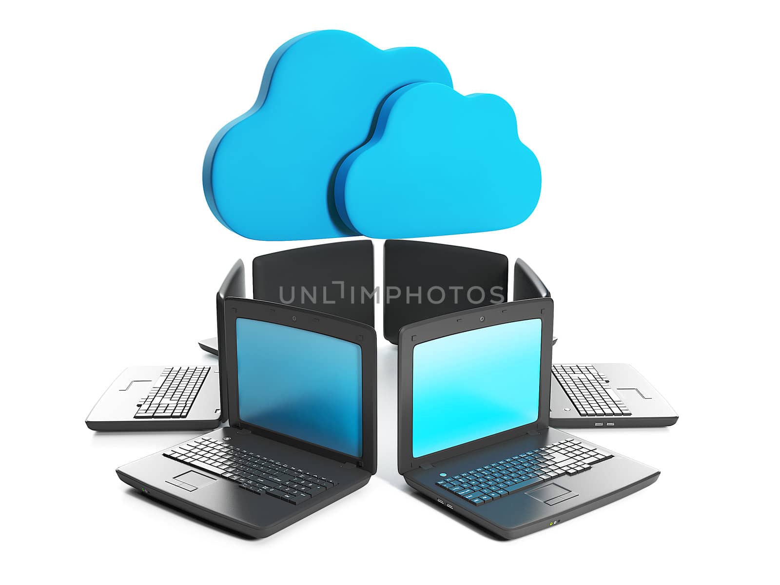 3d illustration of internet technology. Group laptops connected to the network and the cloud