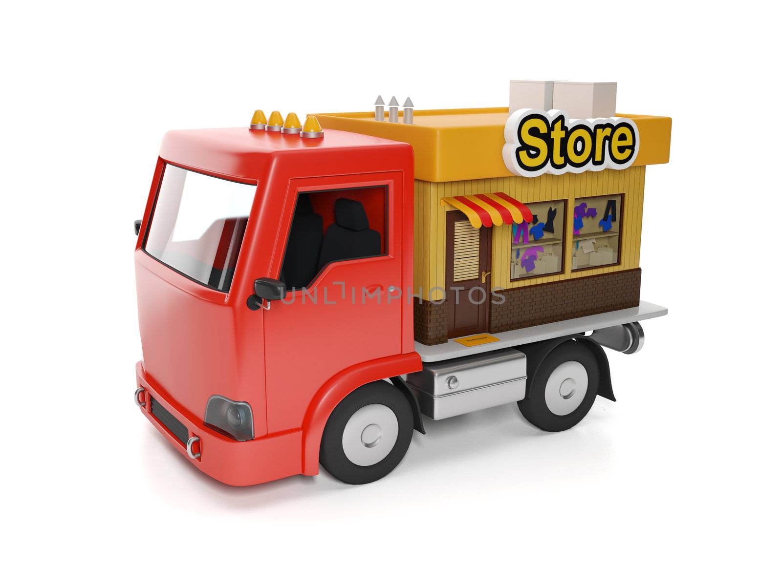 3d illustration: Food delivery to your door. Truck and Shop