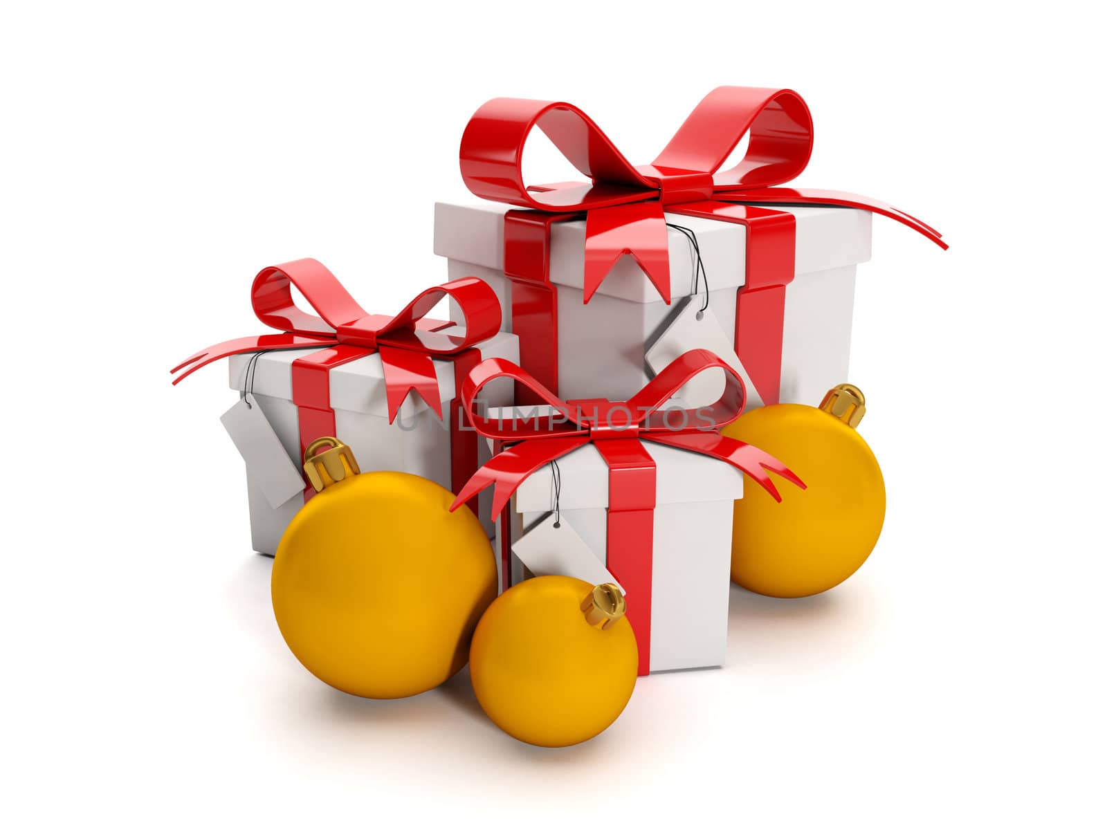 3d illustration: Holiday gift. Group boxes with gifts and Christmas decorations