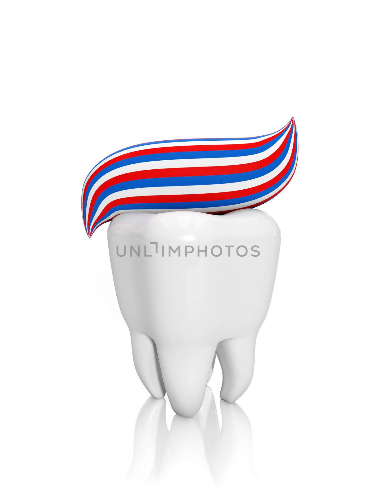3d illustration: Human tooth and toothpaste. Clean and protect your teeth