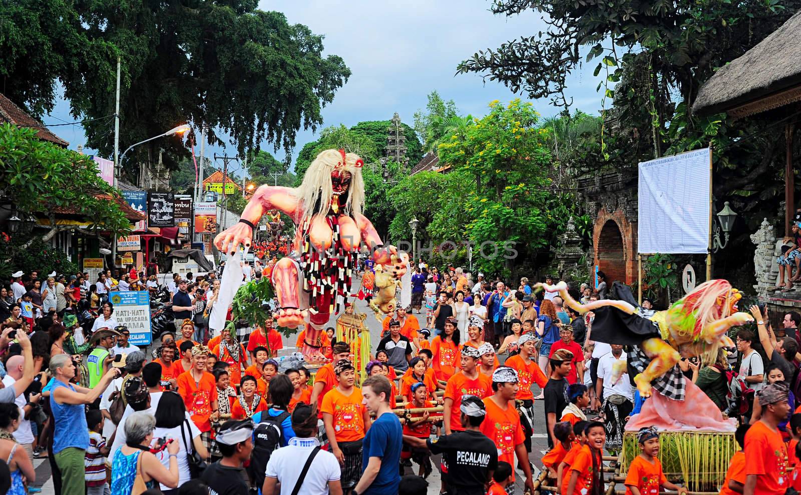 Ubud, Bali, Indonesia - March 12, 2013: Unidentified people taking part in celebration of Nyepi - Balinese Day of Silence . The day following Nyepi is also celebrated as New year.