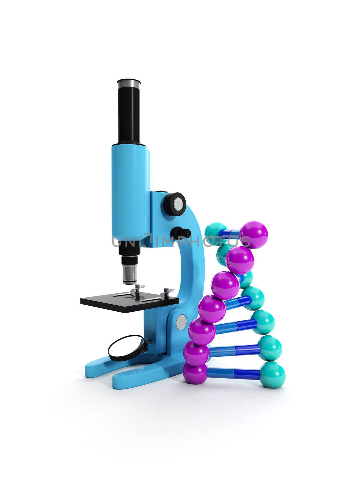3d Illustration: A microscope and a chain of DNA. Conduct research, make discoveries scientific
