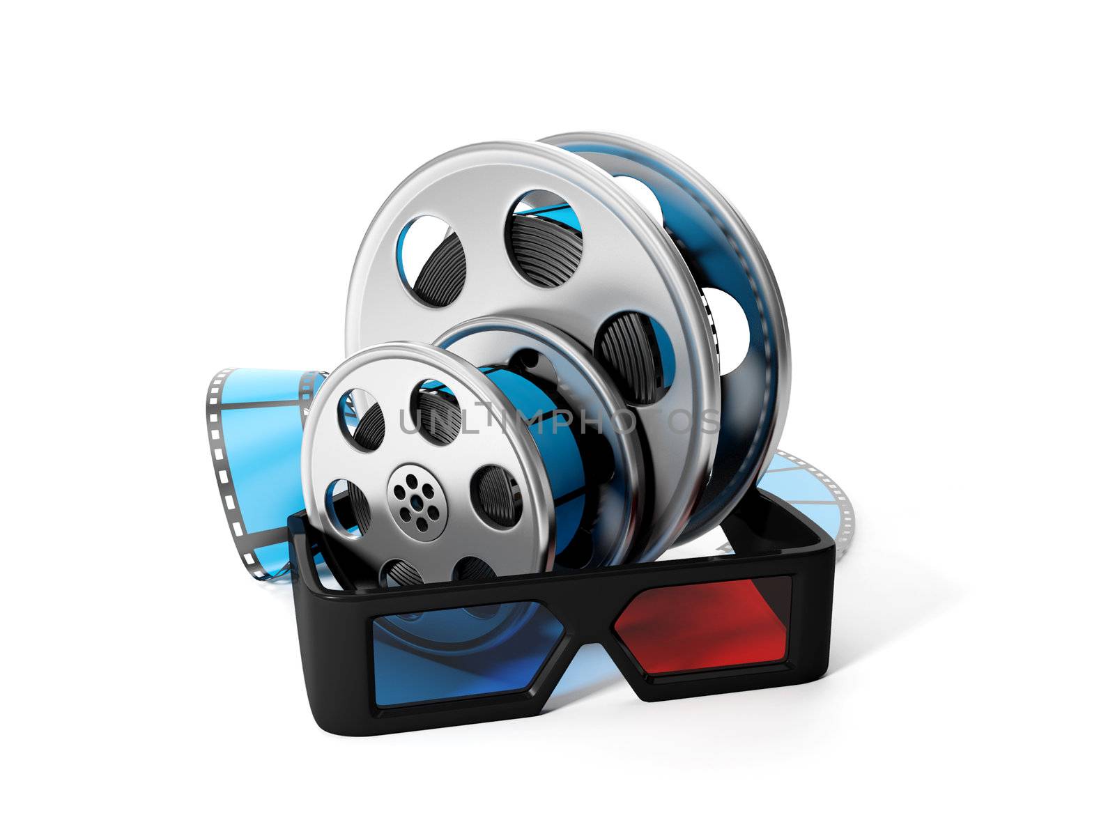 3d illustration: Reels of film and 3D glasses. Isolated image by kolobsek