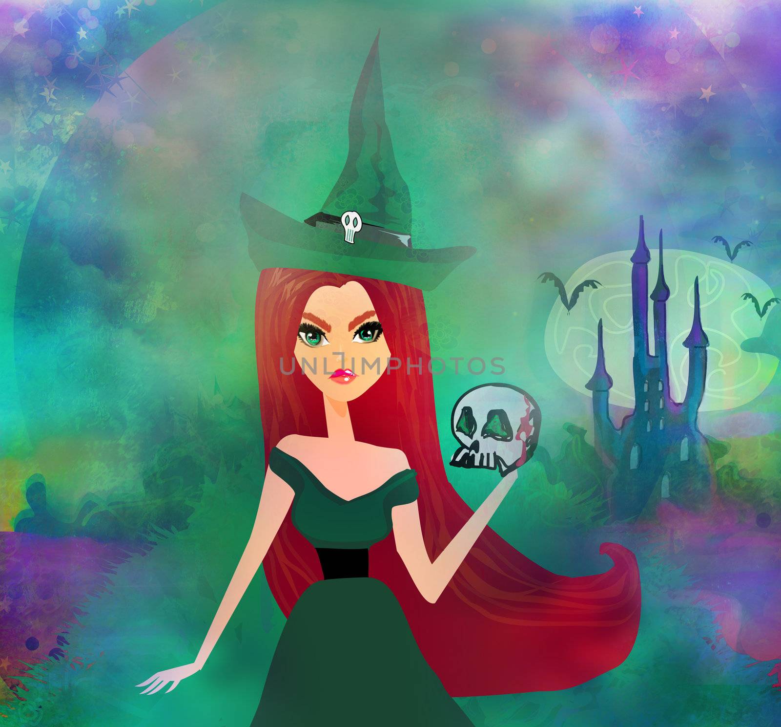 Halloween witch standing with skull