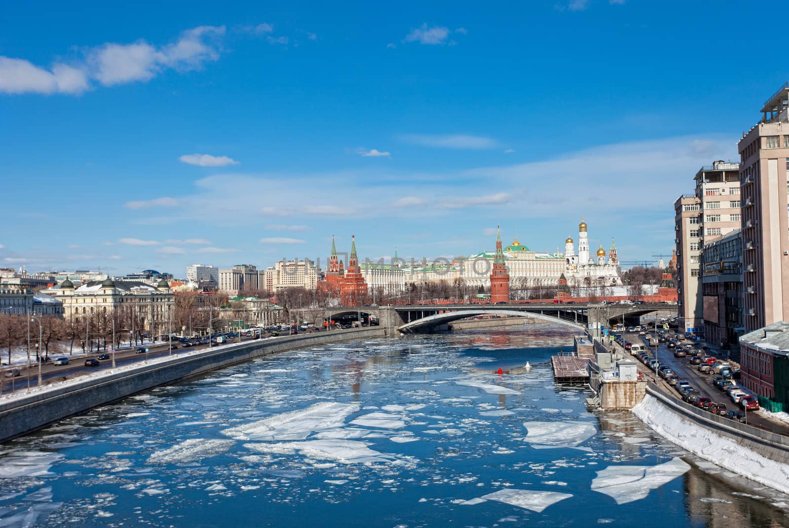 Kremlin and Berezhkovskaya Embankment in Moscow in sunny spring day