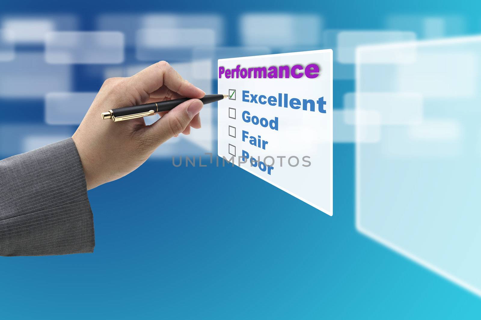 Business Man Hand Check on Excellent Choice on Annual Performance Evaluation audit