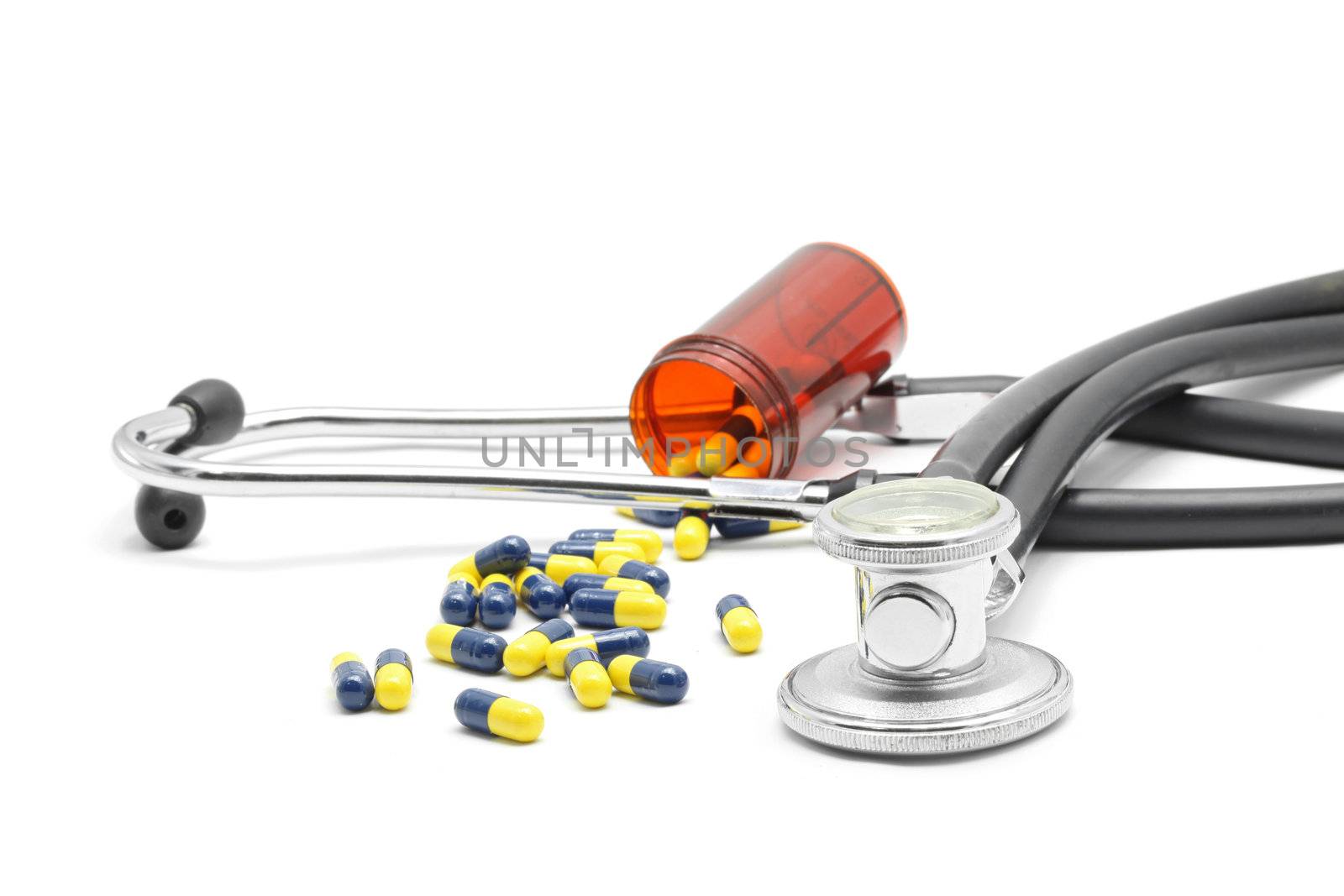Medical Stethoscope and Capsule on white background for Healthy Concept