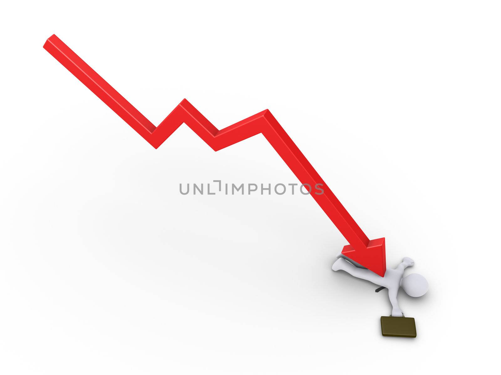 3d businessman is on the ground below an arrow graph