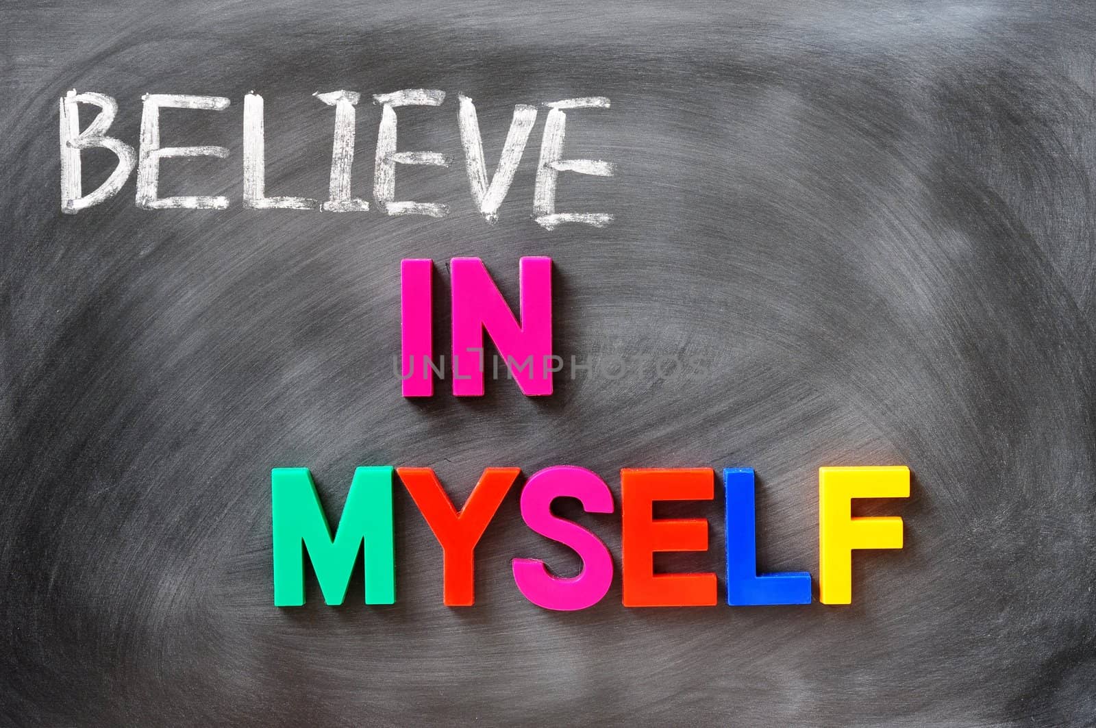Believe in myself - concept made of colorful letters and chalk writing