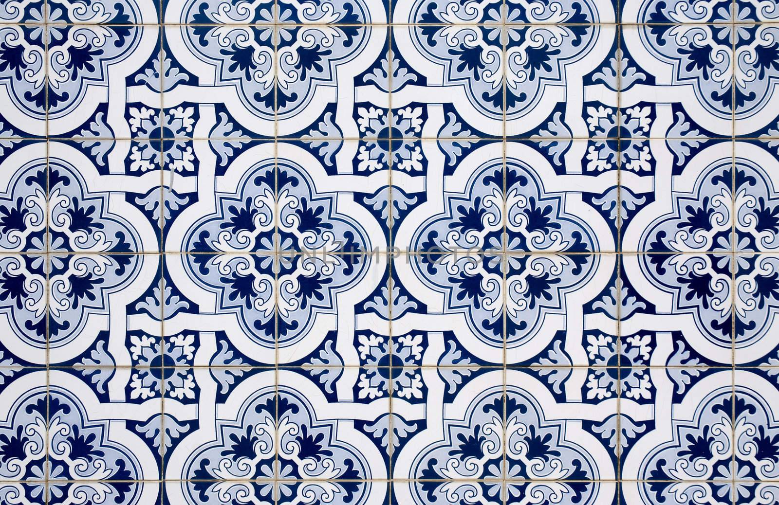 Blue pattern detail of Portuguese glazed ceramic tiles.