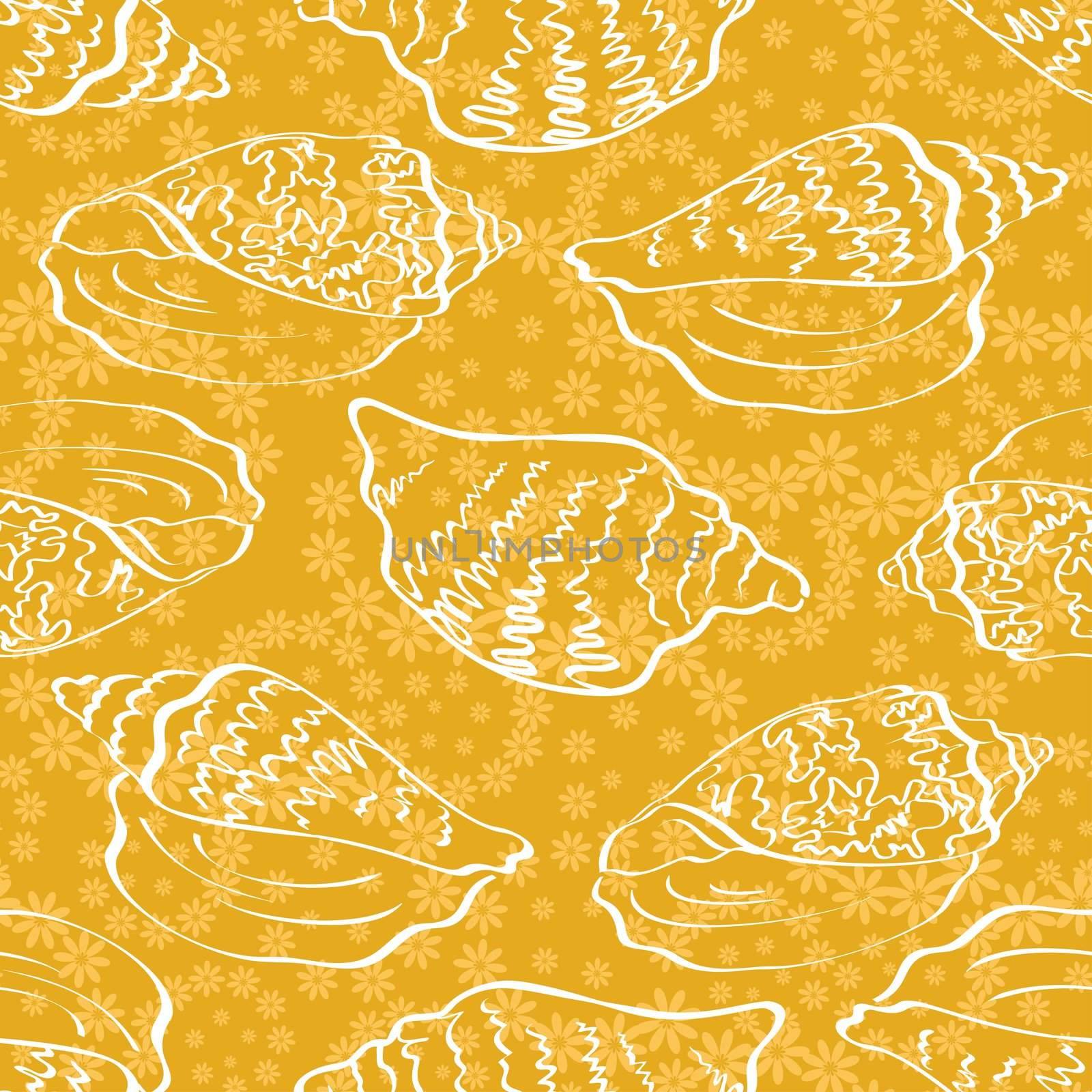 Seamless background, contour marine seashells and flowers.
