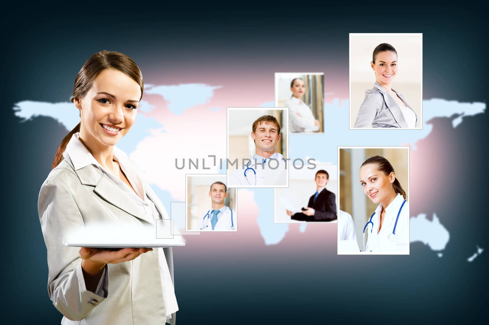 attractive woman holding a tablet pc and smiling, concept of social networks, collage