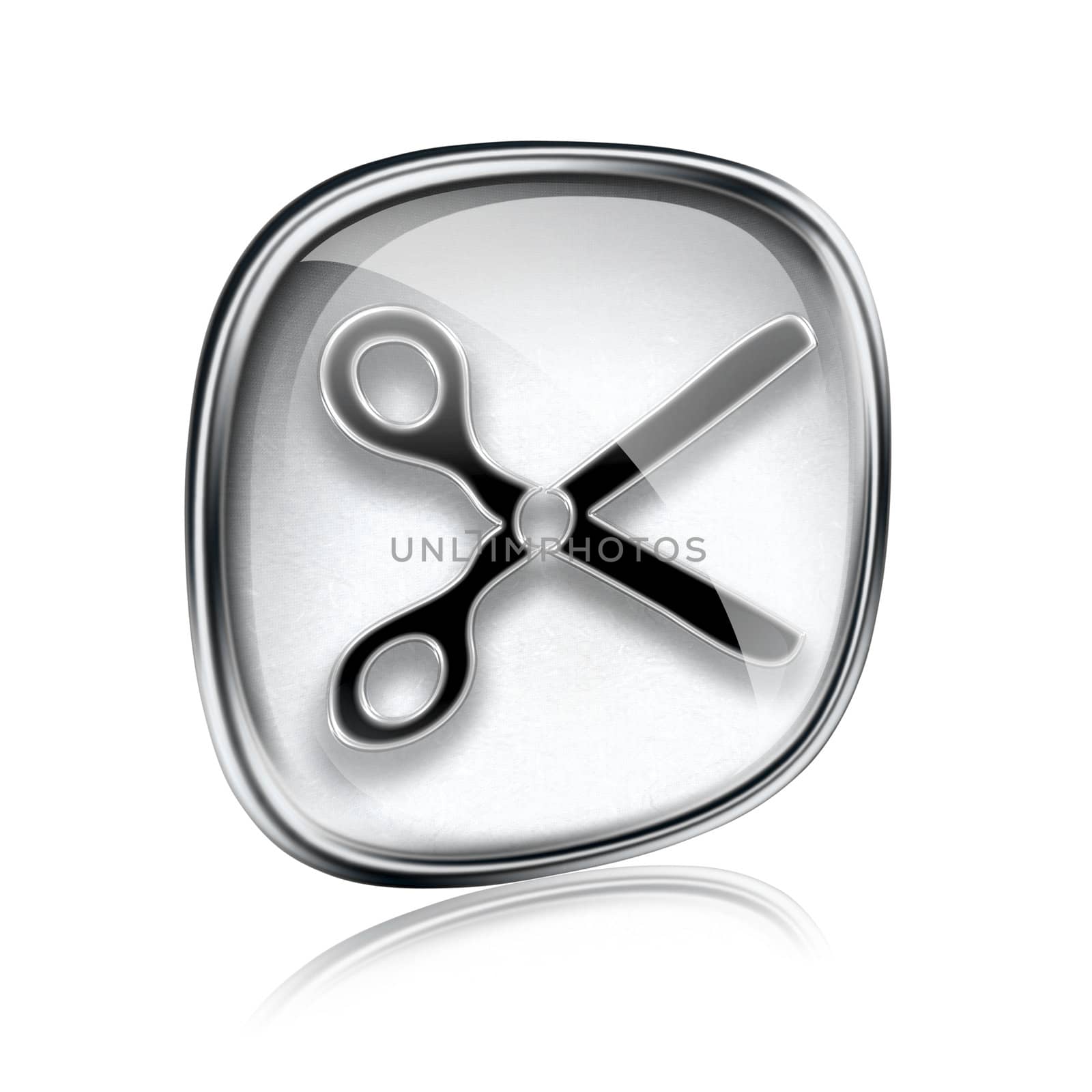 scissors icon grey glass, isolated on white background.