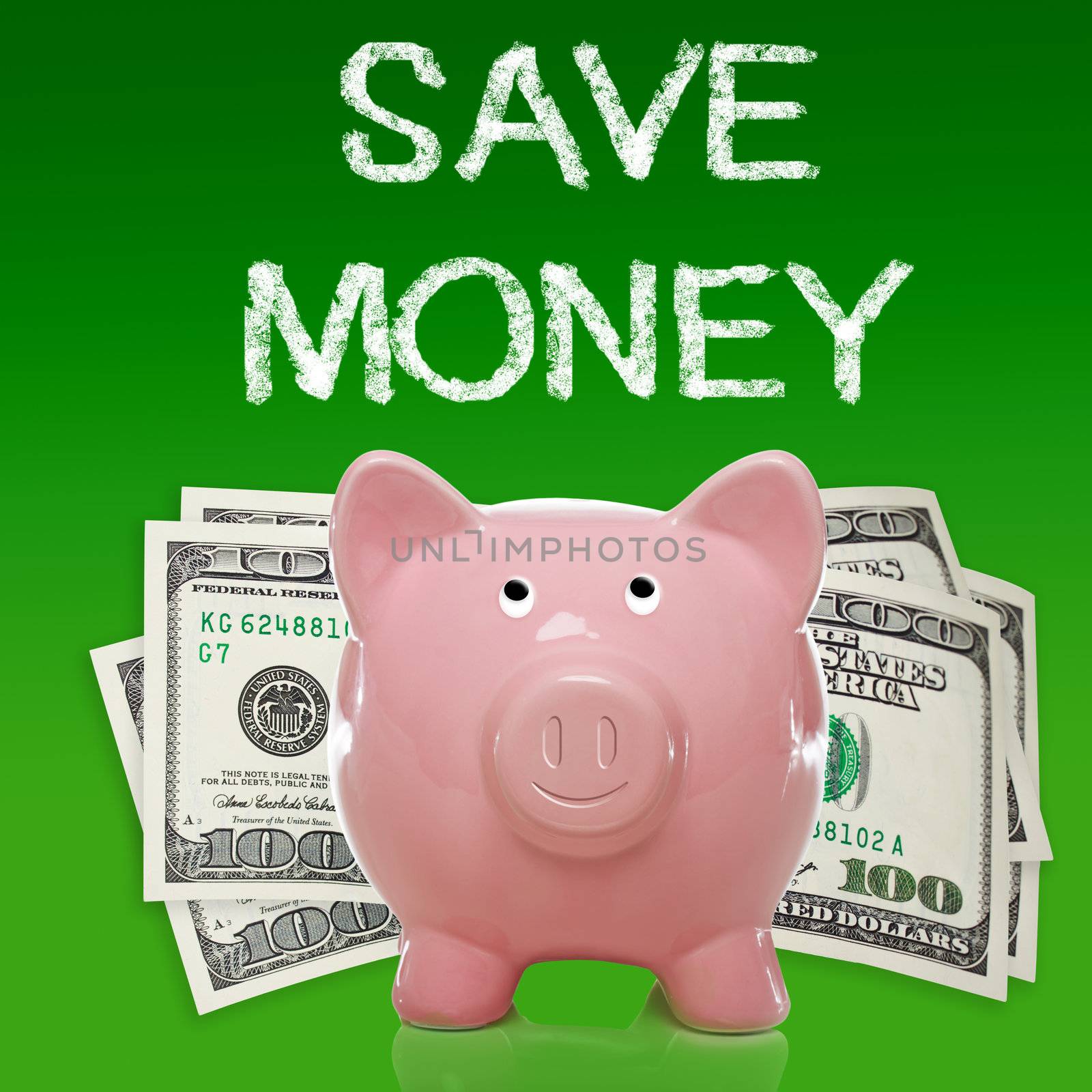 Piggy bank with hundred dollar bills on green background - save money