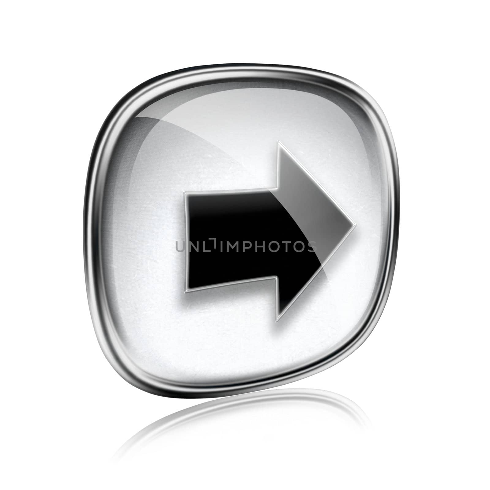 Arrow right icon grey glass, isolated on white background.