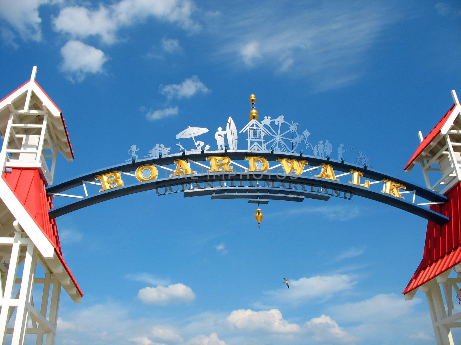 The famous public BOARDWALK sign located at the main entrance of the boardwalk in Ocean City, Maryland.