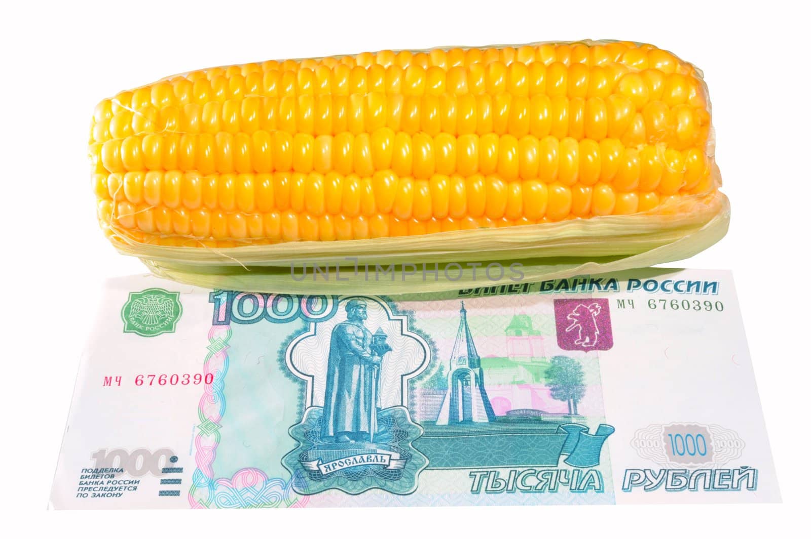 Corn On The Cob And Thousand Russian Rouble Bill.