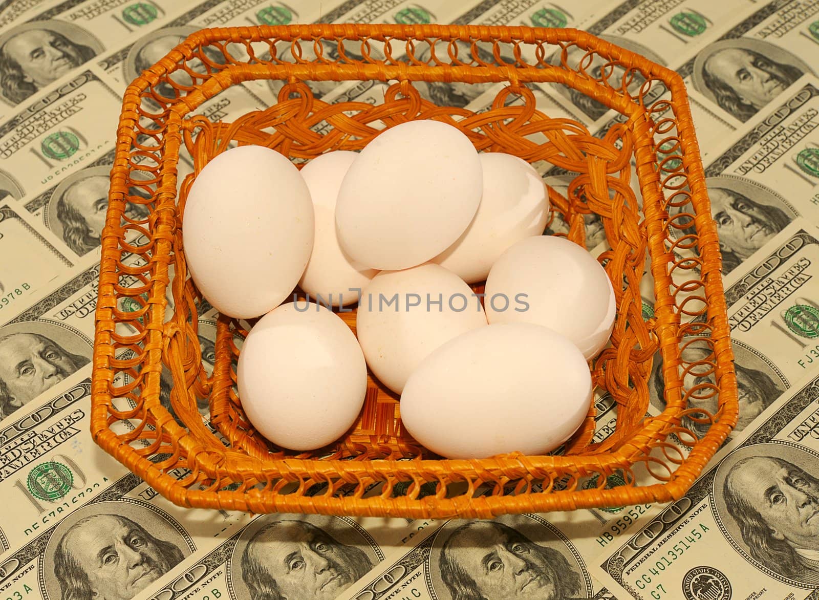 Eggs In The Basket On One Hundred Dollar Bills Background.