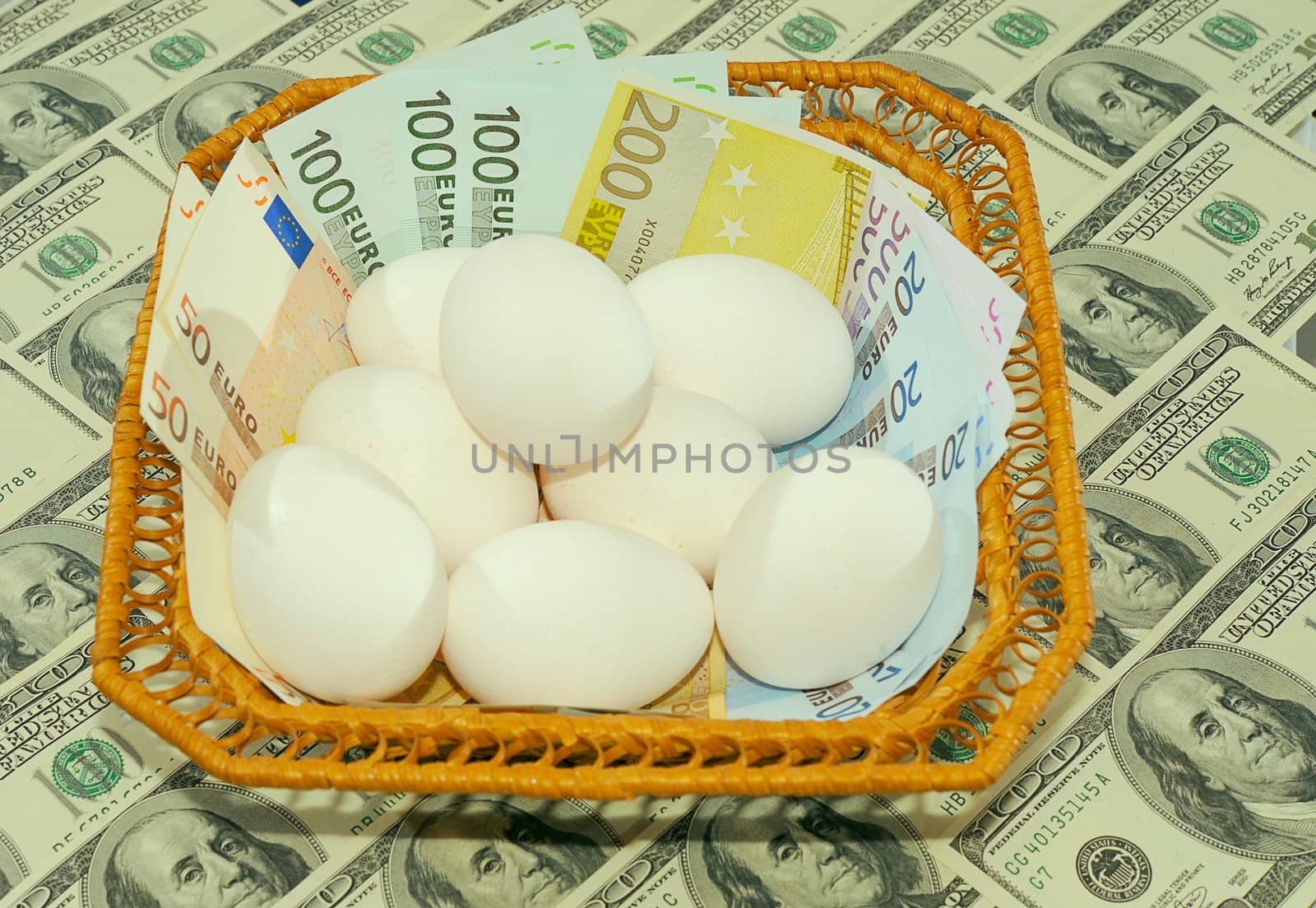 Eggs In The Basket On One Hundred Dollar Bills Background.