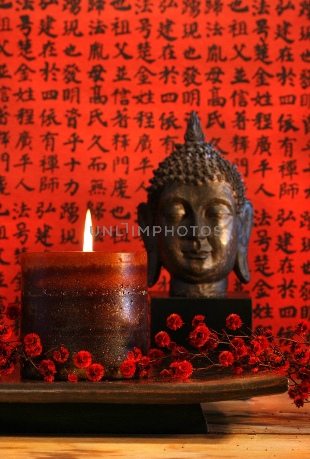 Asian candle with red orential background by Sandralise