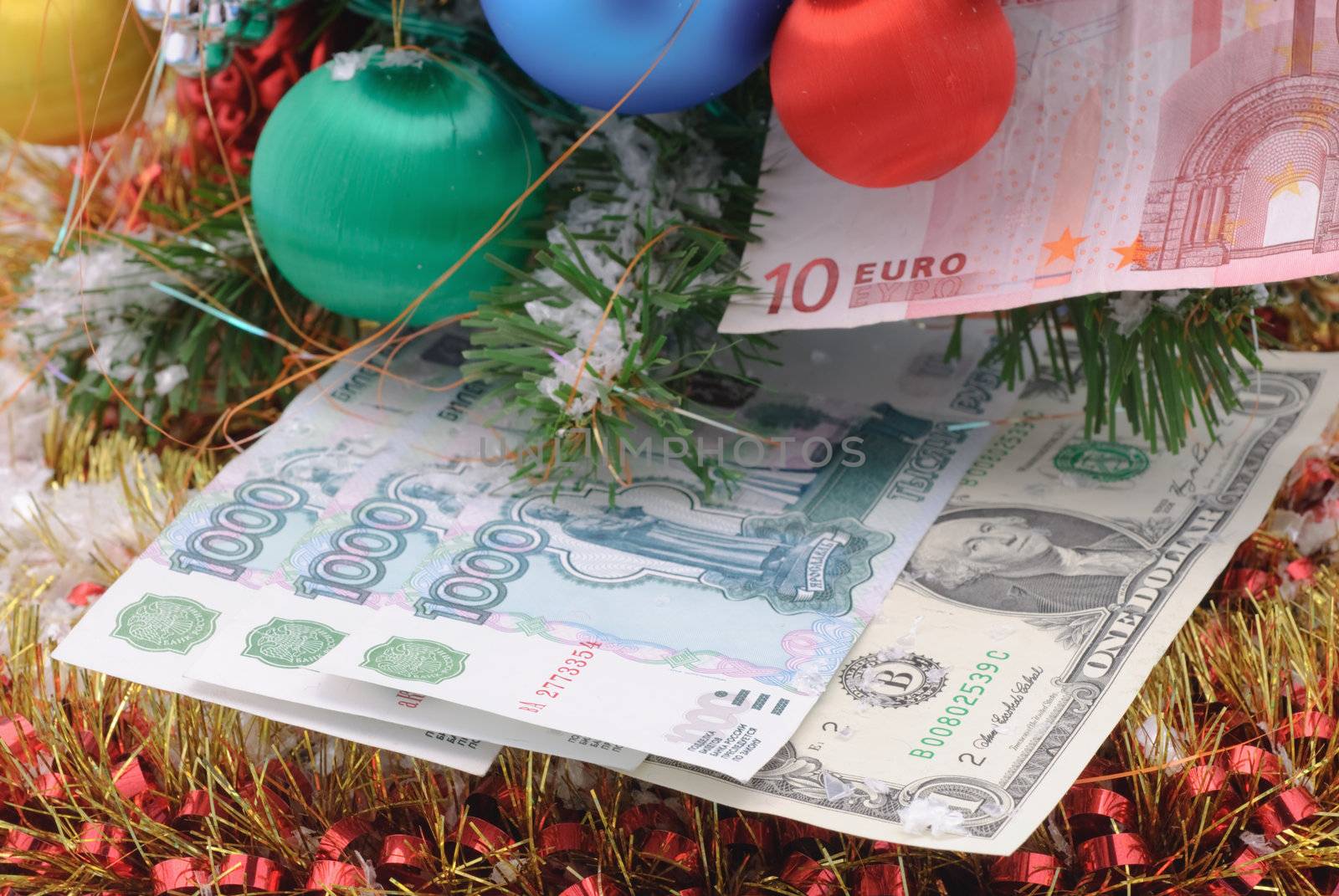 Banknotes are under the Christmas tree