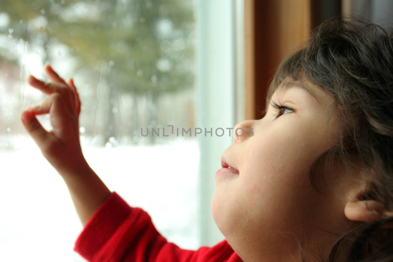 Baby boy watching the rain fall outside against the window