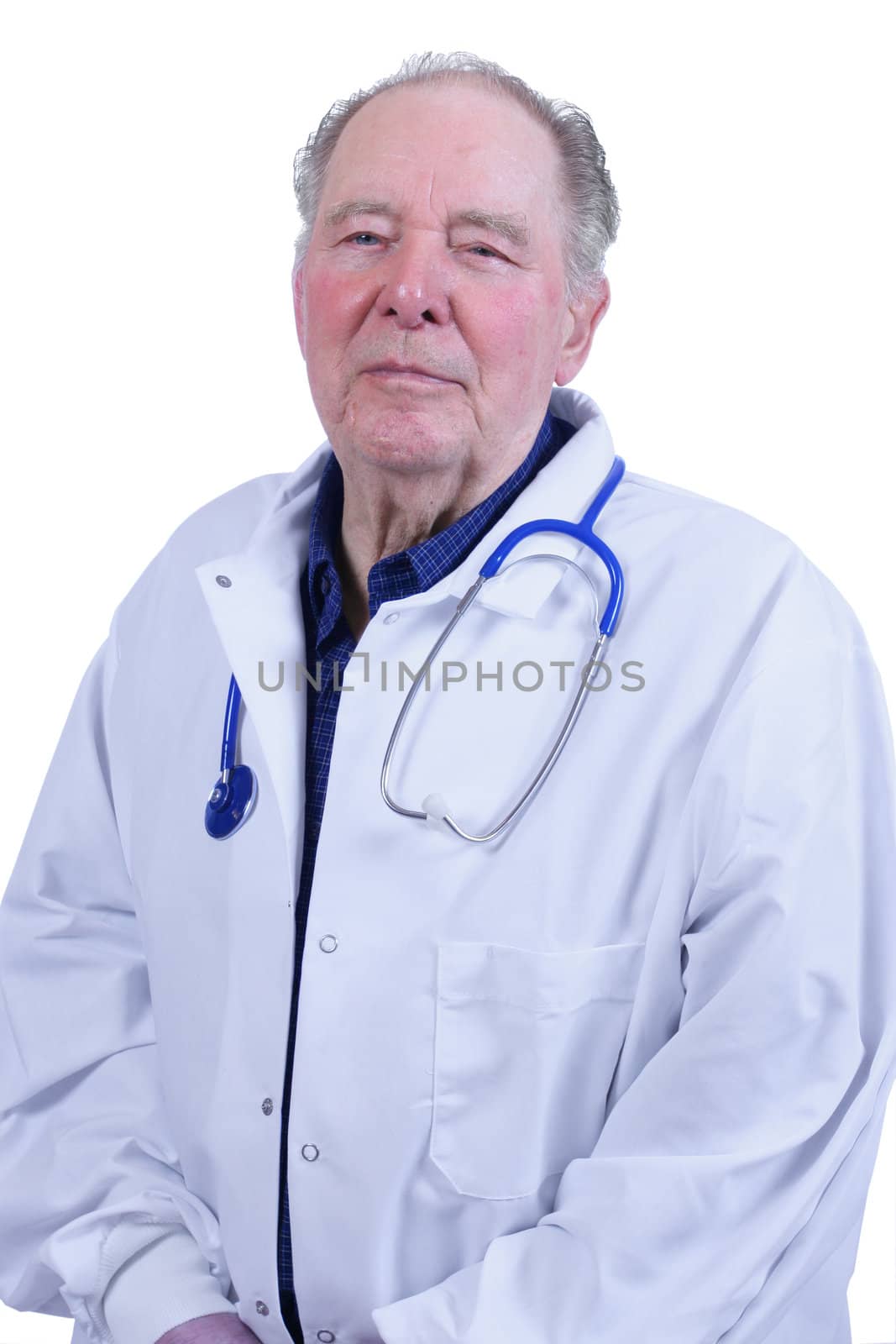 Elderly male doctor in white doctor's coat and stethoscope