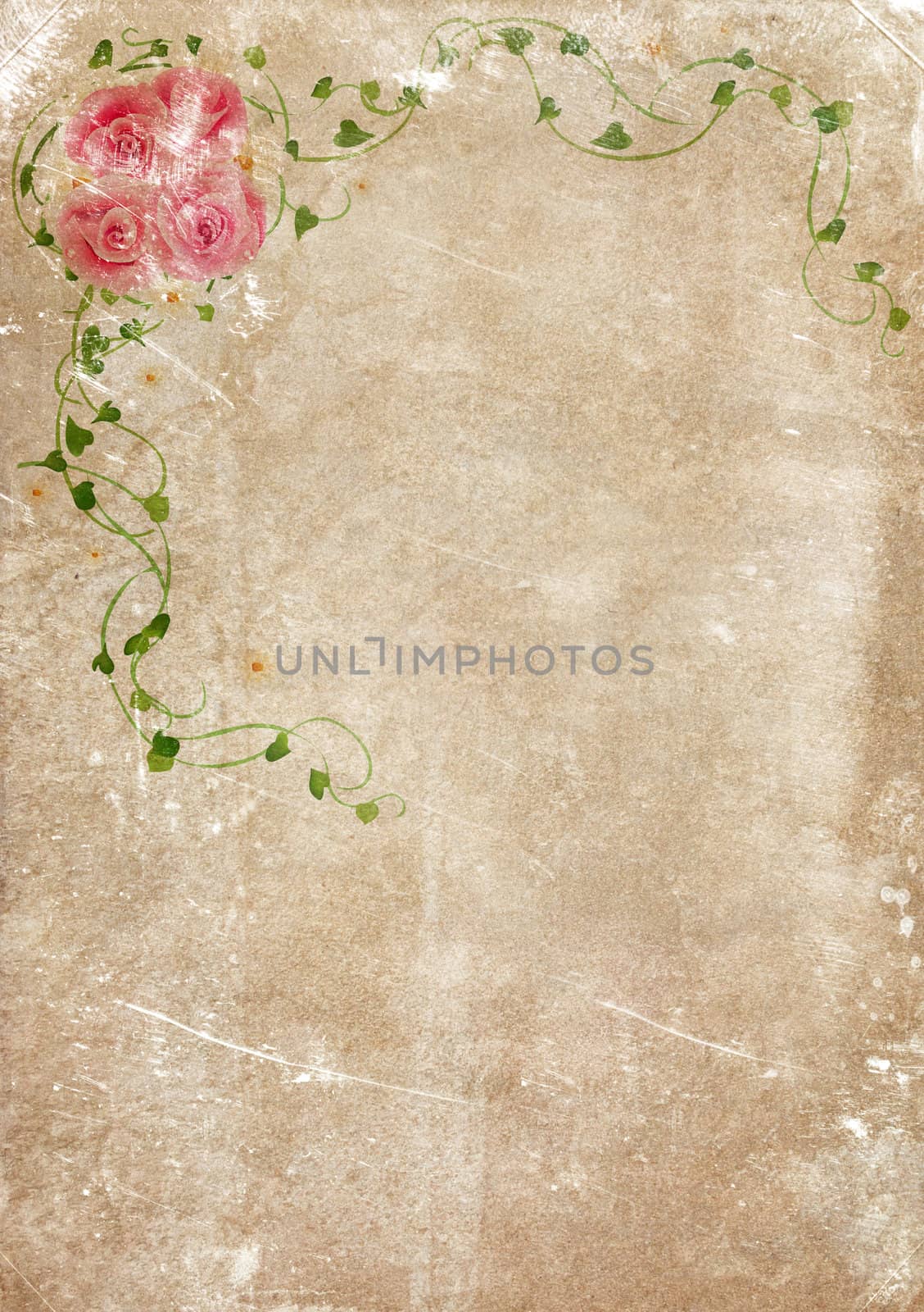 Grungy backdrop of old paper texture with floral ornaments