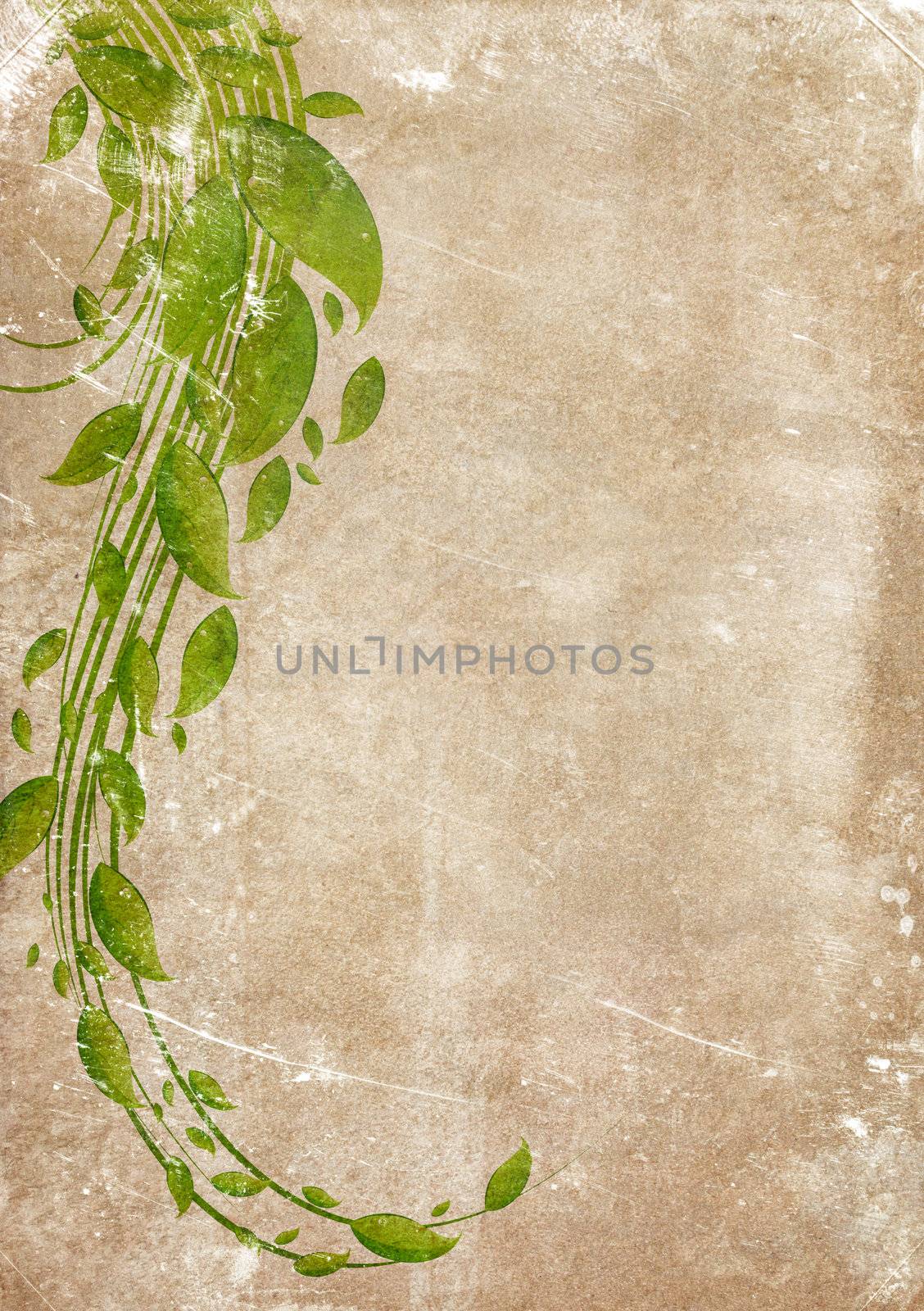 Grungy backdrop of old paper texture with floral ornaments