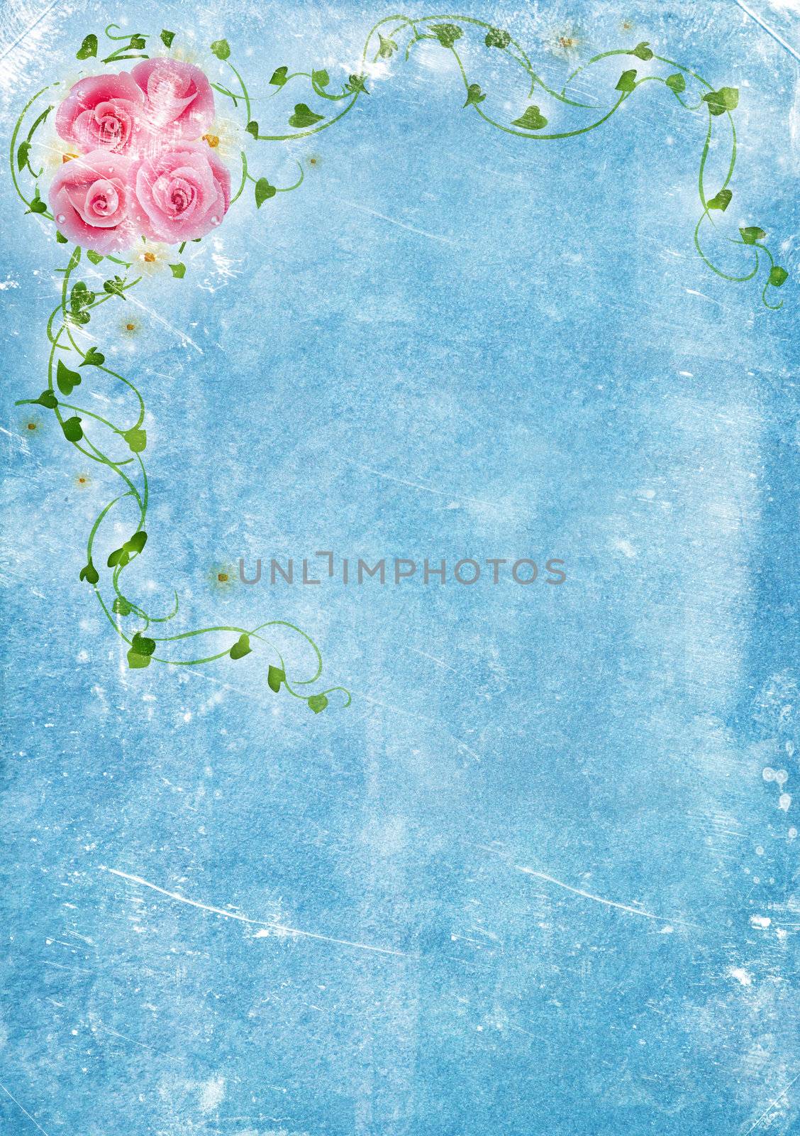 Grungy backdrop of old paper texture with floral ornaments