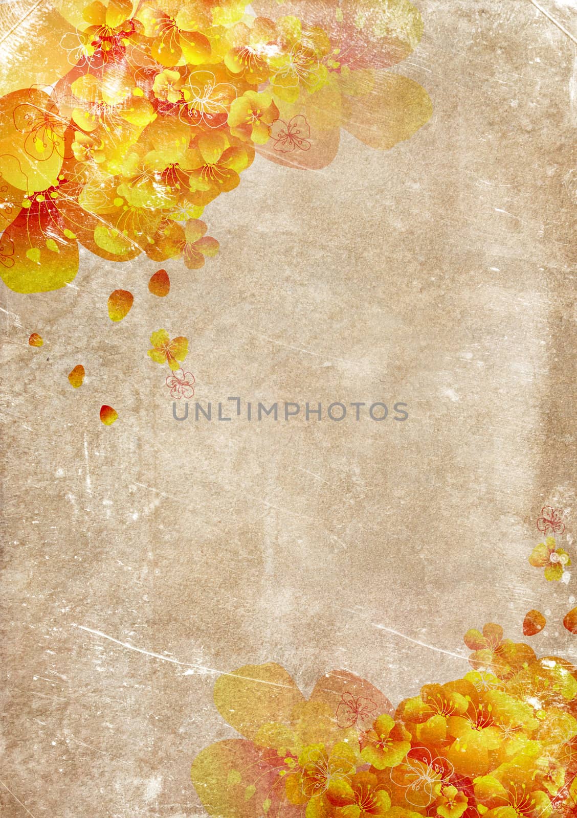 Grungy backdrop of old paper texture with floral ornaments